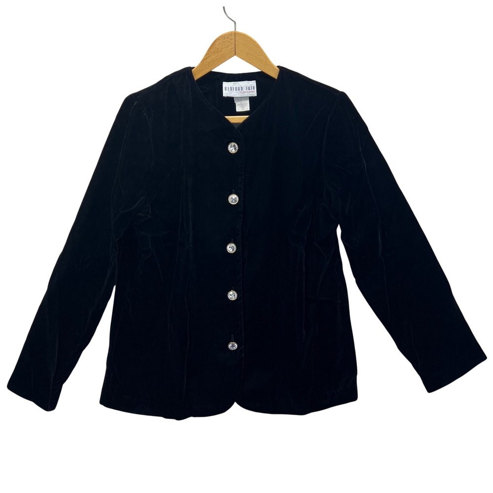 Bedford Fair VTG Womens Black Velvet Jacket Rhinestone Button Collarless USA 10P